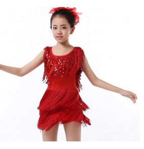 Red yellow blue white sequins fringes girls kids children baby performance professional latin salsa cha cha dance dresses outfits
